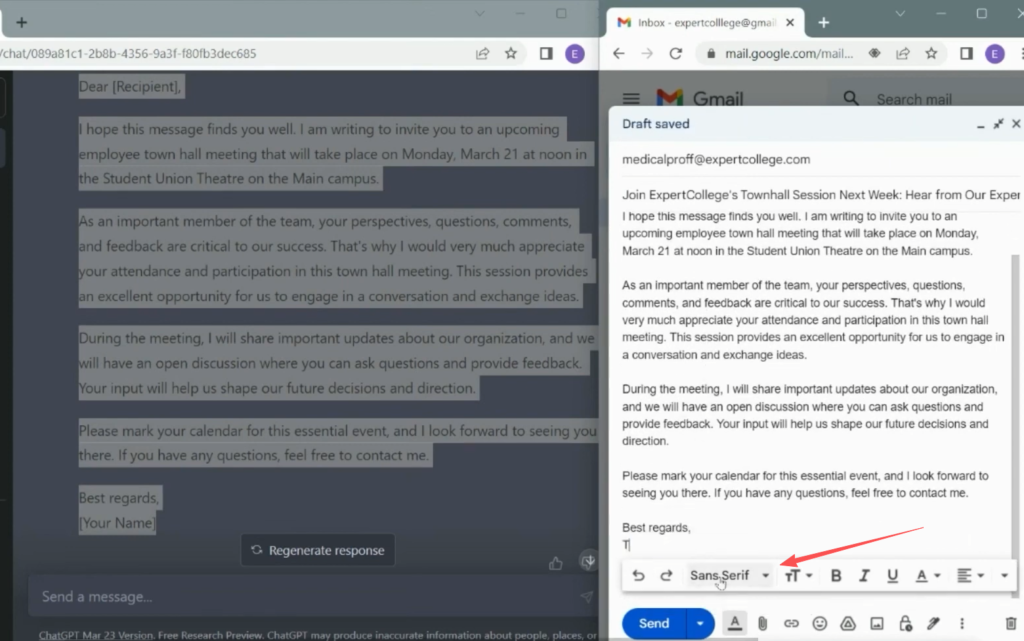 Final review of an email before sending, checking clarity, tone, and accuracy with ChatGPT assistance